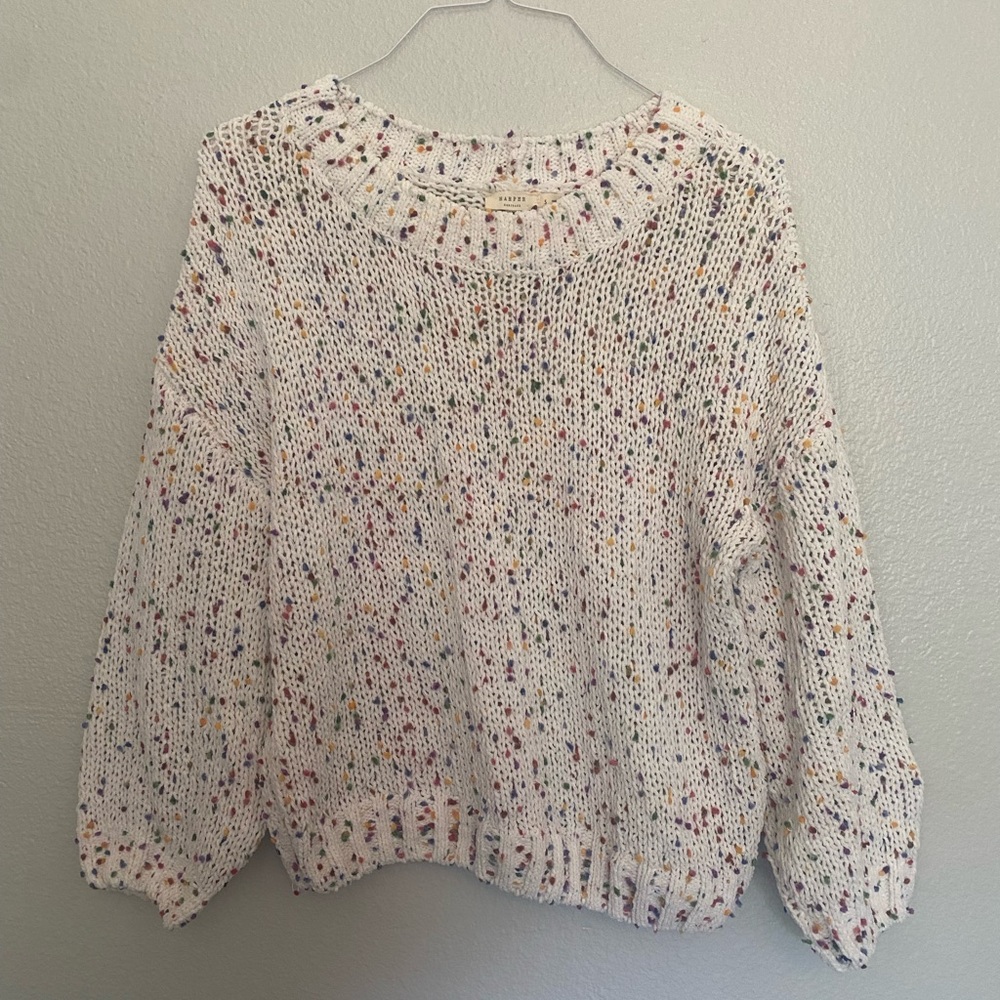 Harper Heritage White Chenille Knit Sweater with Multicolor Embellishments